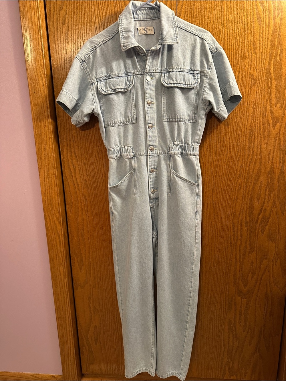 We The Free Light Blue Denim Short-Sleeve Jumpsuit